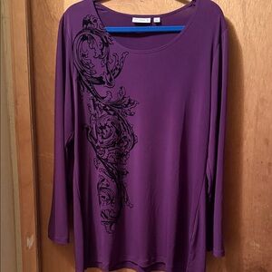 Susan Graver Purple Long Sleeve Scoop Neck Top with Black Scroll